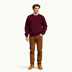 Naklejka premium Stylish Male Model Posing in Casual Autumn Outfit Featuring Maroon Sweater, Brown Pants, Shirt, and Boots Against a Simple White Background