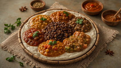 Photo of assortment of flavorful lentil curries served on flatbread a delightful and healthy vegan and vegetarian meal option