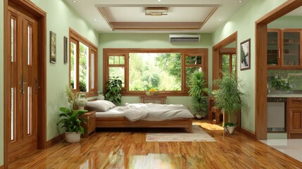 Tranquil bedroom with hardwood floors and large windows.