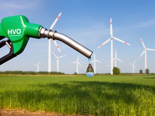 Green HVO nozzle with droplet, sharp focus on agricultural field with wind turbines, sunny day