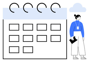 Oversized calendar with grid, loops, and a businesswoman holding a folder. Ideal for planning, time management, scheduling, events, organization business strategy productivity. Simple flat metaphor