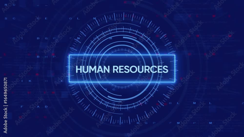 Poster digital human resources technology concept with futuristic hud interface and code