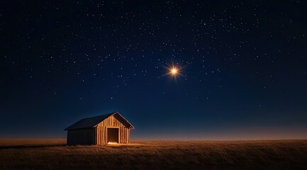 A rustic wooden barn nestled in a field under a star-studded night sky, with a radiant light source above