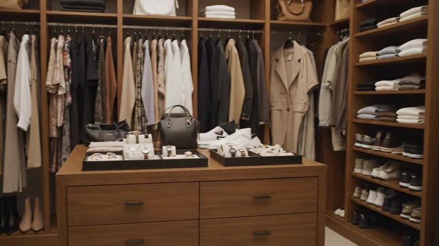 Organized Walk-in Closet with Stylish Clothing and Accessories - A camera pans across a meticulously organized walk-in closet featuring a variety of stylish clothing items neatly hanging on racks and