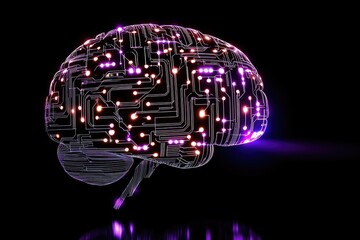 A 3D rendering of a brain overlaid with glowing circuit board patterns.  Bright orange and purple lights accentuate the intricate network.  