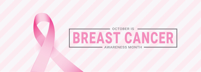 Breast cancer awareness horizontal banner design. Line art style feminine pink ribbon design vector graphic illustration