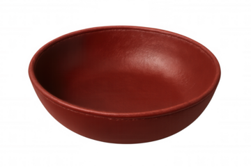 Red leather bowl isolated on transparent background, perfect for showcasing food or other items