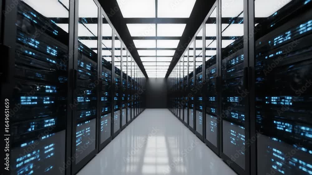 Poster modern data center server room - rows of sleek black server racks with illuminated blue led lights l