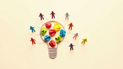 Colorful paper figures connected to a light bulb shape with crumpled paper balls inside, symbolizing creativity and teamwork.