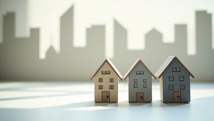 Three small wooden houses in a row, with a city skyline shadow in the background, symbolizing real estate or urban living.
