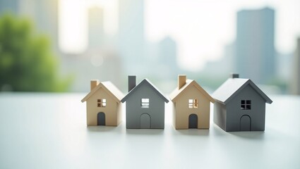 Four small wooden houses in a row, with a blurred city skyline in the background, symbolizing real estate or urban living.