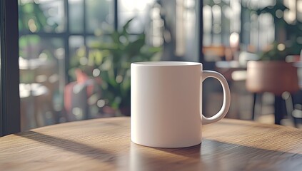 White mug on wooden table, cafe setting