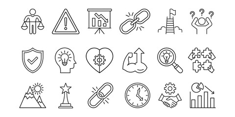 Fototapeta premium Сlean outline icon set with warning signs, declining charts, broken links (problems), target achievement, creative thinking, innovation in heart (passion projects), strength, lightbulb ideas, awards.