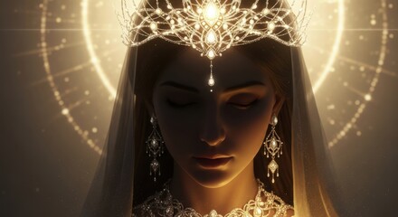 Regal Woman Adorned with Glowing Crown and Veiled Grace