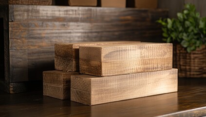 Stacked, light brown wooden blocks on a dark wooden surface, with out-of-focus background of more wood and a small plant