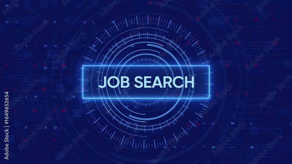 Poster digital interface displaying the concept of job search with glowing futuristic elements
