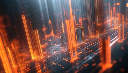 Abstract digital city, glowing orange lines