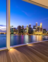 City skyline at dawn over water