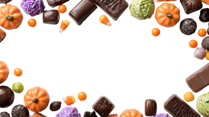 Halloween Candy Frame Border with Chocolate and Sweets on Transparent Background