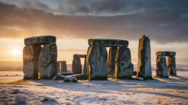 Stonehenge monument at sunrise with dramatic sky and winter landscape generative ai