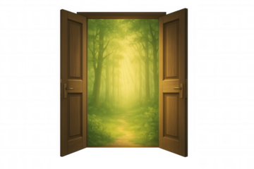Wooden double doors opening, sunlit forest path emerging, magical woodland scene beckoning through doorway, transparent background