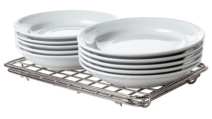Stack of clean plates on a chrome dish rack on a white background