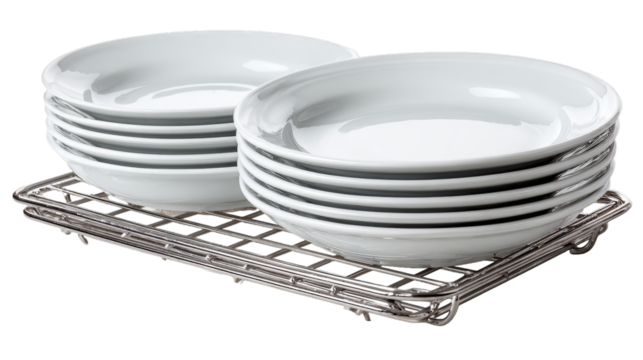 Stack of clean plates on a chrome dish rack on a white background