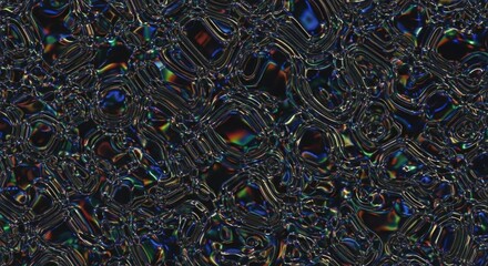 Dark abstract background with a complex, textured pattern of iridescent metallic waves, reflecting vibrant colors and light