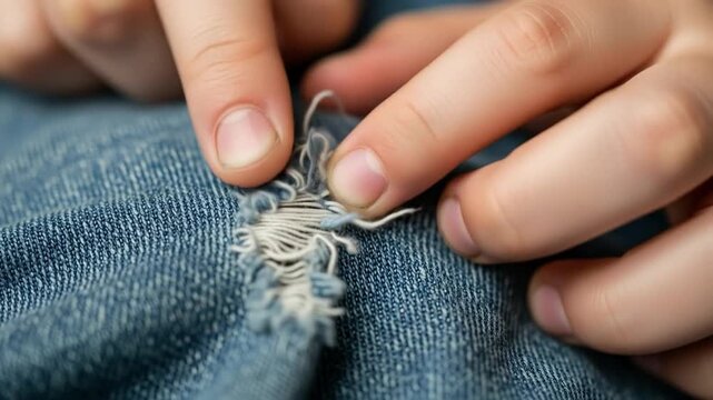 Close up of a person's hand touching the ripped or distressed denim fabric jeans