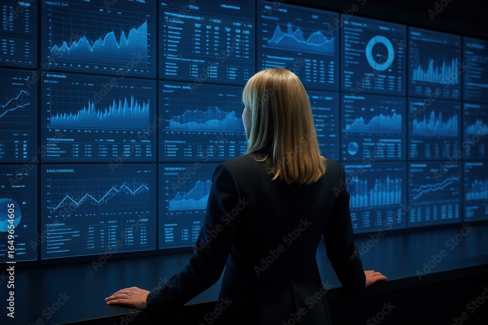Poster data analyst contemplation: a data analyst gazes intently at a wall of intricate charts and graphs d