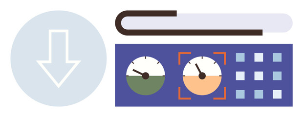Dashboard setup with dials, keypad, and a download arrow. Ideal for technology, software, data management, monitoring, automation user interface progress tracking. Simple flat metaphor