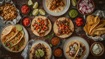 Photo of overhead shot of a variety of delicious tacos with fresh ingredients perfect for a festive and colorful mexican dinner