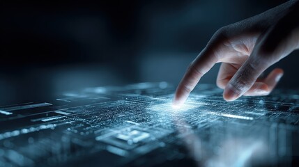 Finger touching glowing circuit board, futuristic technology interface