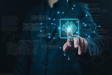Businessman touching AI digital brain chip with futuristic circuit board design, representing...
