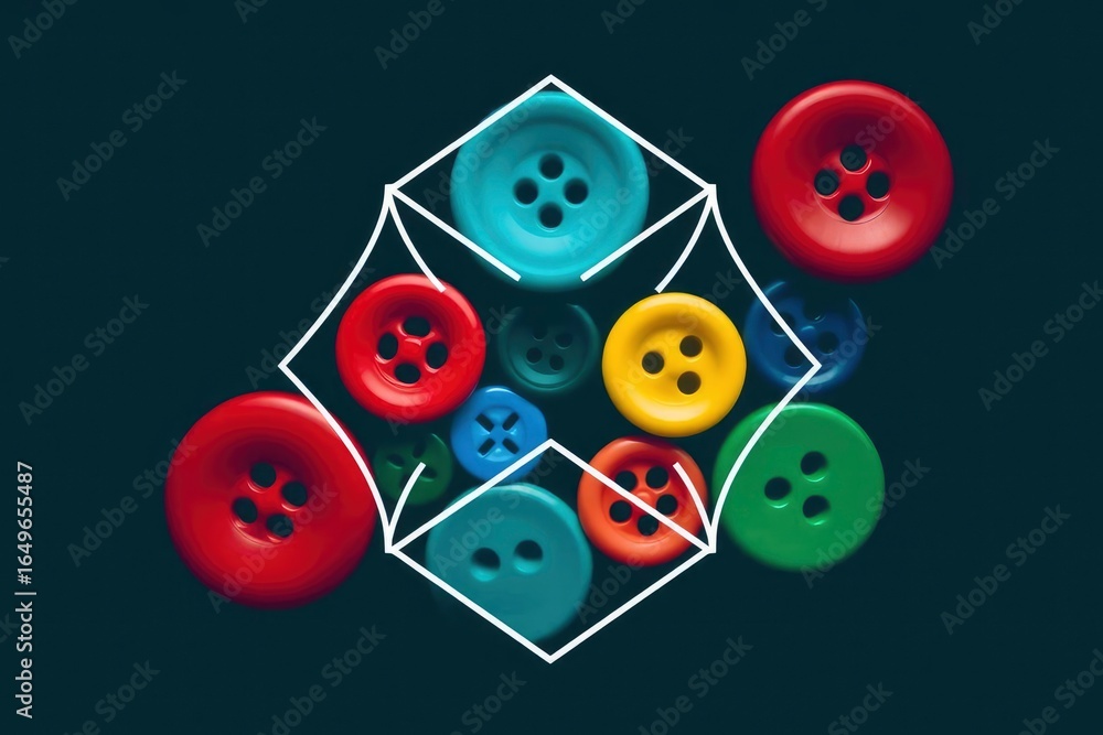 Aufkleber buttons of various colors arranged within a geometric line drawing on a dark background