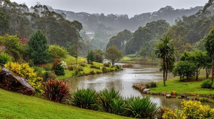 Lush landscape of a tranquil garden by a lake during a rain shower.