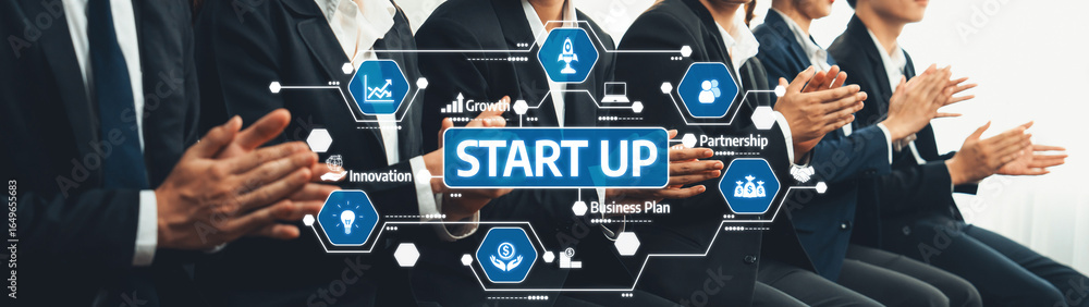 Poster professional business team engaging in startup discussions with modern technology graphics and key c