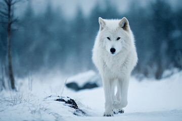 A majestic white Arctic wolf walks forward through a snowy winter landscape with intense amber eyes.