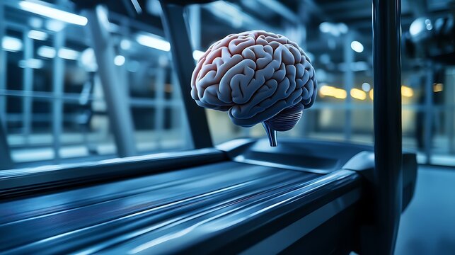 A 3d rendered brain positioned on a treadmill conceptualizing brain health and exercise photo - Powered by Adobe