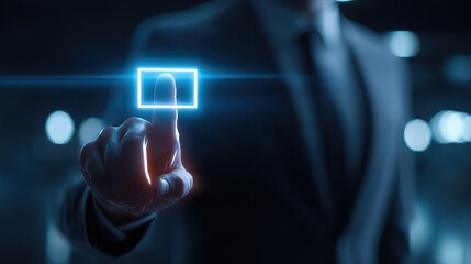 Finger pressing glowing square on digital interface, business technology