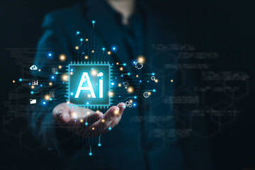 Businessman presenting AI digital chip with glowing technology icons, representing artificial...