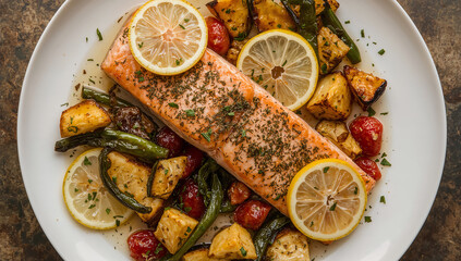 Photo of overhead shot of a salmon fillet served with roasted potatoes cherry tomatoes green beans and lemon slices