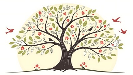 Obraz premium Stylized Tree with Birds and Flowers – Digital Nature Illustration