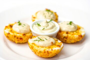 Four deviled egg halves surround a small bowl of cream sauce on a white plate Garnish with small herb sprigs