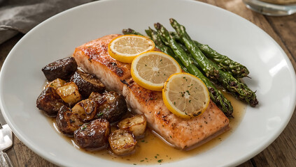 Photo of close up of grilled salmon with lemon slices asparagus and roasted potatoes on a white plate served on a wooden table