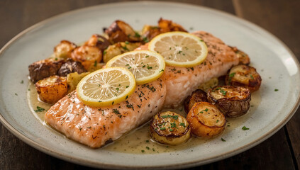 Photo of two pan seared salmon fillets plated with roasted potatoes and garnished with lemon slices for a healthy meal