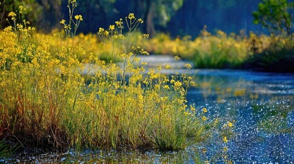 Yellow flowers growing along a tranquil water's edge.