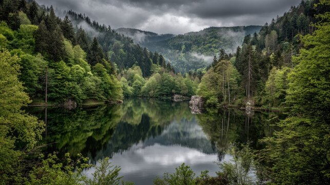 Lush forest meets serene lake under a cloudy sky.