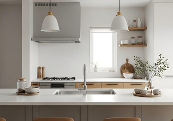 Bright and airy modern kitchen interior with a minimalist Scandinavian design, featuring a central island and wooden accents.