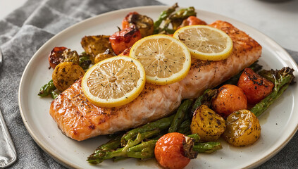 Photo of close up of grilled salmon with asparagus and tomatoes garnished with lemon slices on a plate